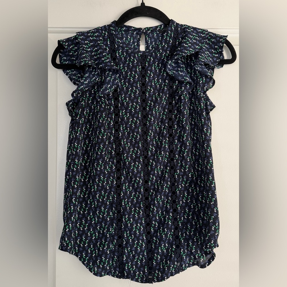 Ann Taylor Navy Floral Ruffle Sleeve Blouse